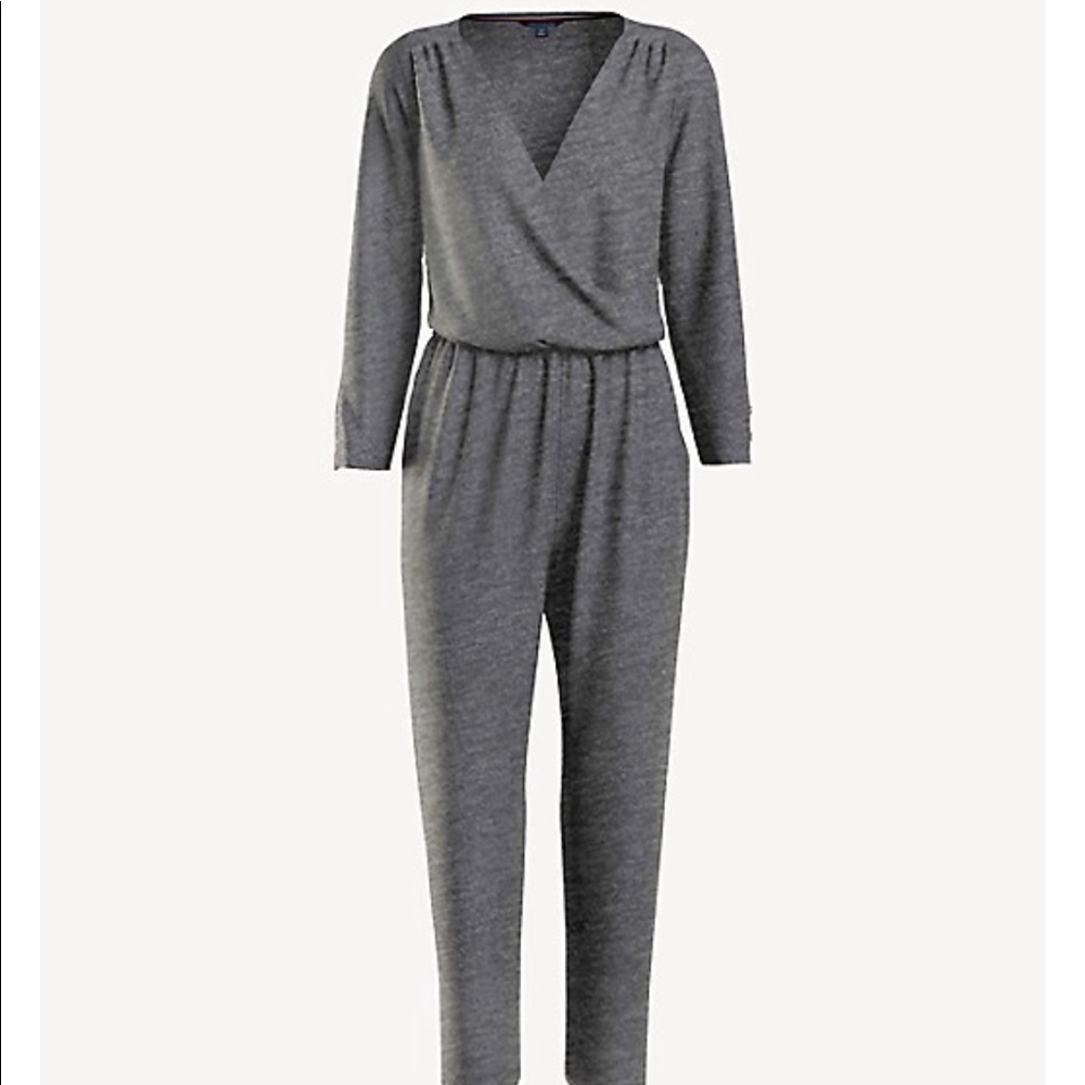 Tommy Hilfiger Essential Wrap Jumpsuit Size M Grey. NWT Beautiful gold detail.
